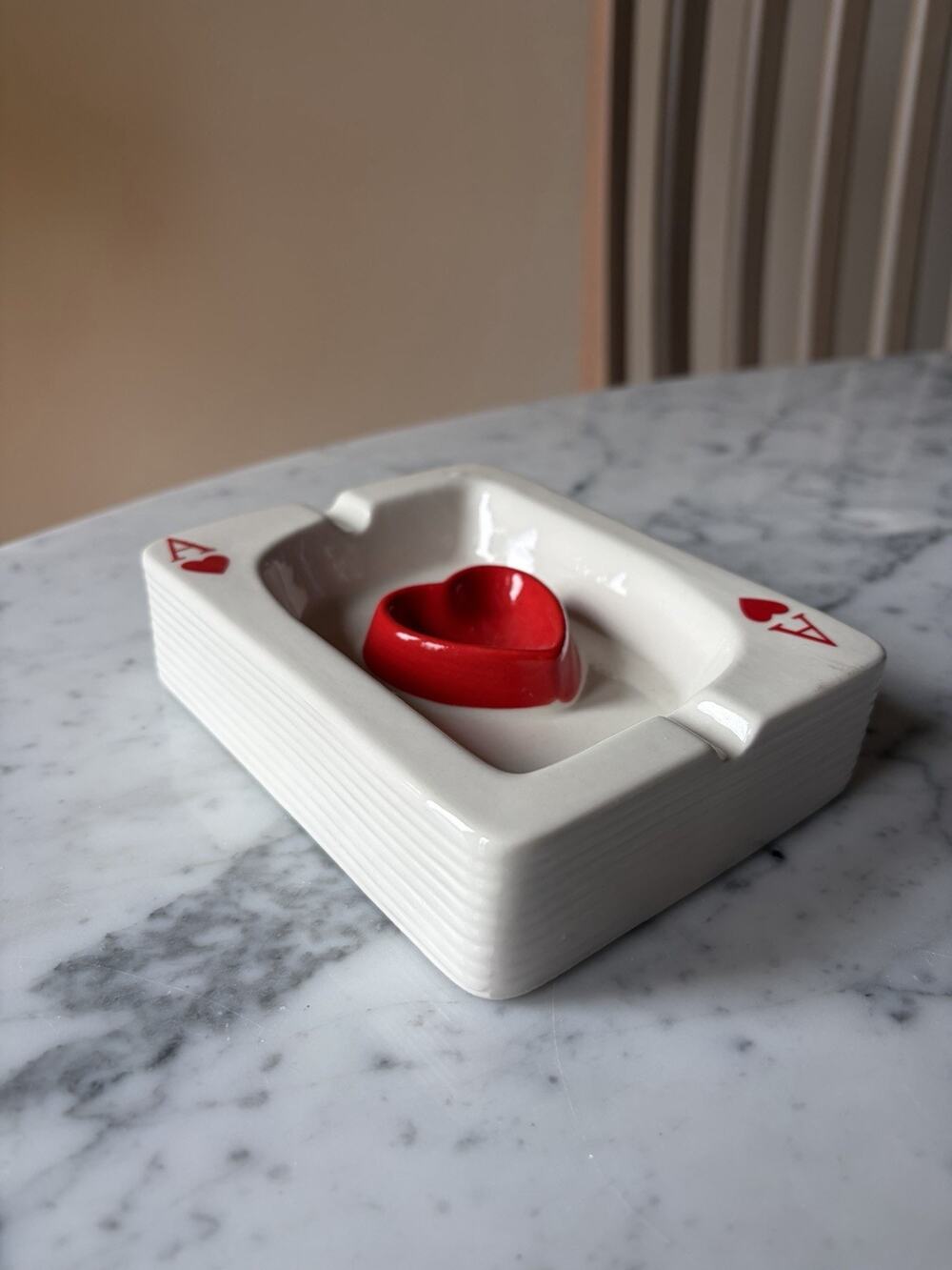 Ceramic White Red Rectangle Heart Playing Cards Decorative Ashtray Glossy Finish